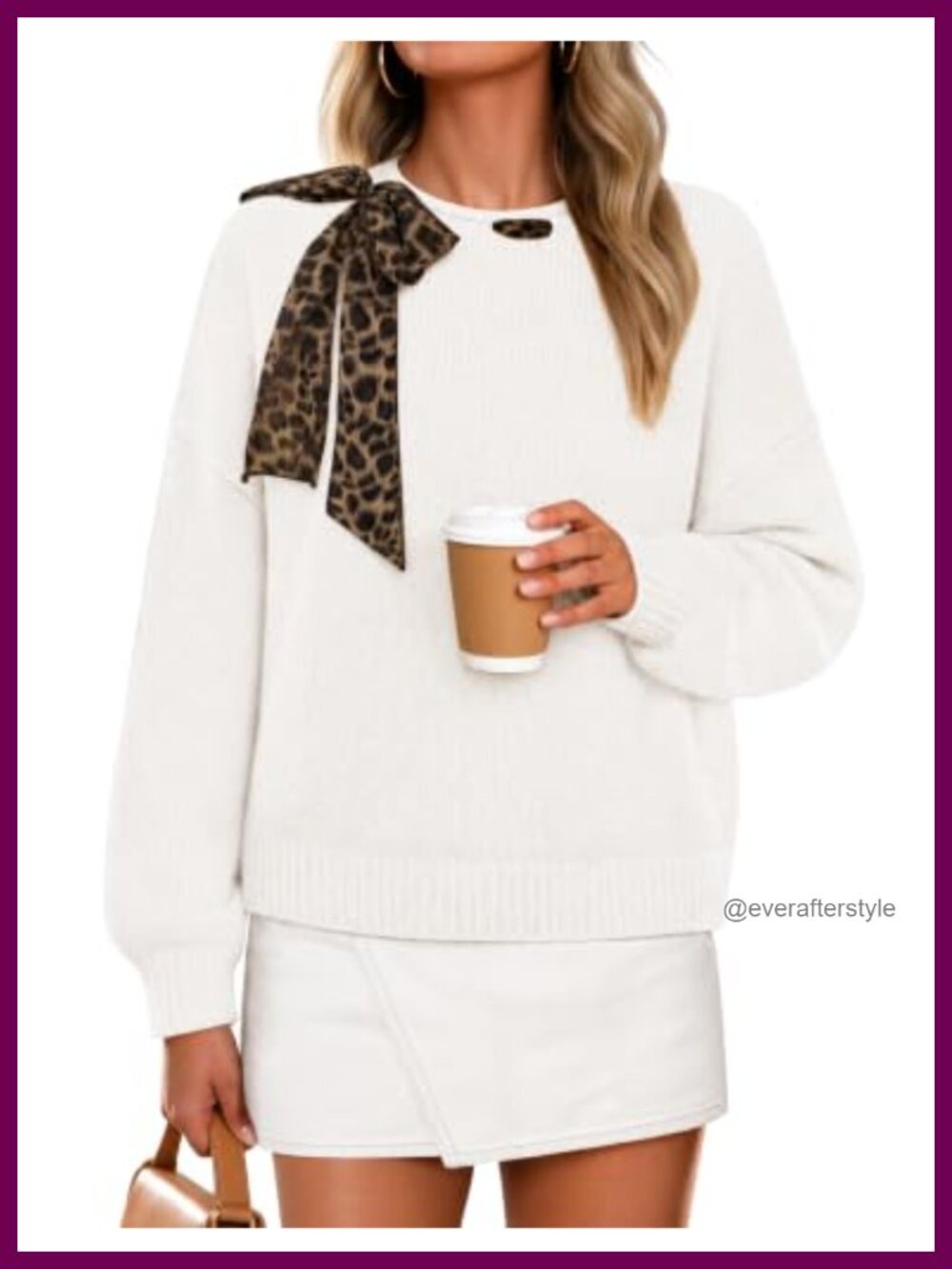 Women's Long Sleeve Sweater Pullover with Leopard Print Bow
